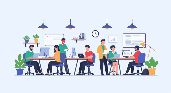 Diverse group of people working diligently in a modern, collaborative office environment