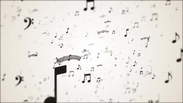 Floating music notes background soft white space, black symbols, blur depth, melodic motion. Perfect for music videos, lyric screens, concert promos, piano titles, audio intros, and creative overlays.