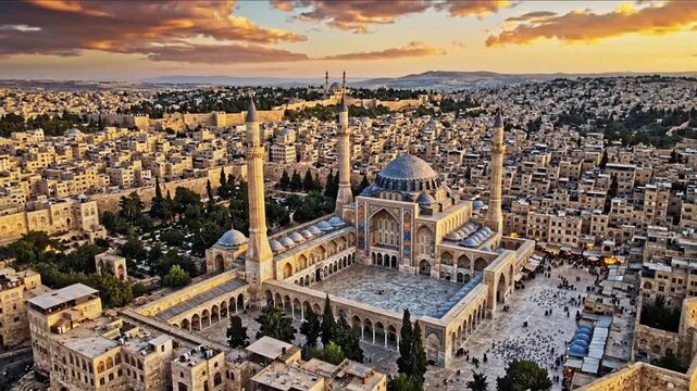 Panoramic elevated overlook of the historic UNESCO Old City of Damascus with the magnificent Umayyad Mosque and dense residential neighborhood at sunset, capturing timeless Syrian heritage.