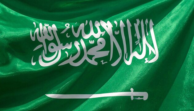 Saudi Arabian national flag with green background, white Shahada script, and sword symbolizing faith, justice, and Islamic heritage.