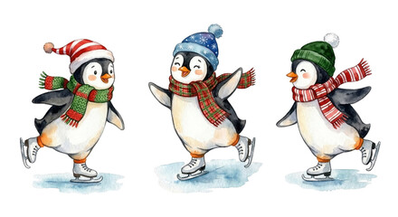 Fototapeta premium Watercolor set of cute penguins ice skating in winter hats and scarves isolated on white or transparent background festive clipart