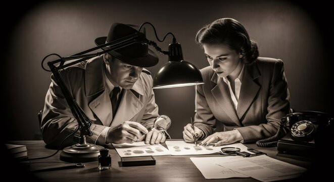 Man and woman detective analyzing fingerprint at a desk in a vintage office, for crime investigation and mystery solving concept.