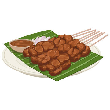 Beef Satay Served on Plate with Banana Leaf and Peanut Sauce