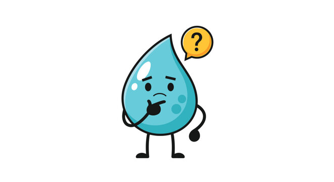 Cute blue water drop character with a thinking expression and a question mark speech bubble for ecology concept.