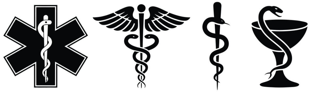 Medical healthcare symbols with caduceus and rod of Asclepius illustrated in modern vector style for hospital and clinic design