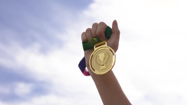 Close-up of hand presenting a winning medal against sky background. Symbol of achievement, success, reward, and victory. Concept of recognition, competition, and accomplishment.