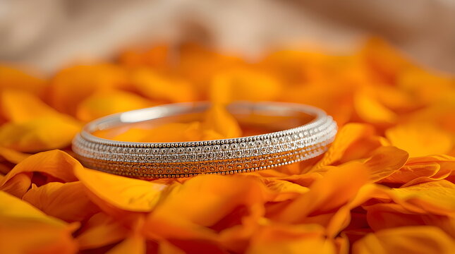 Close-up of Traditional Sikh Silver Bracelet on Floral Background