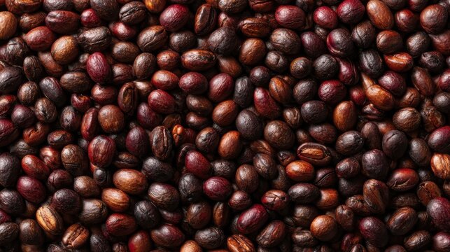 Close-up macro shot of roasted coffee beans with rich, dark brown and reddish hues, showcasing their textured surface