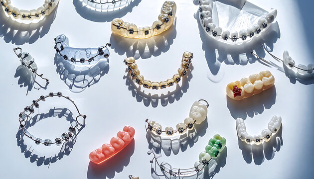 collection of clear dental aligners and orthodontic retainers arranged on a clean white surface with soft shadows, dental health and cosmetic dentistry concept