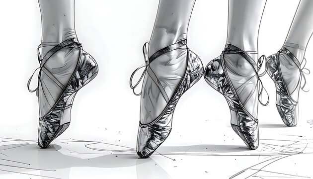 Ballet dancer pointe shoes tied with ribbons on a reflective surface, monochrome high contrast, elegant motion study
