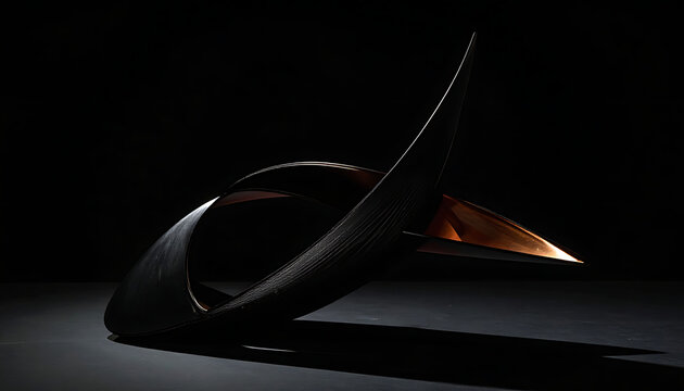 Abstract metallic sculpture with dynamic curves and reflective surfaces, casting a long shadow on a dark, moody background, evoking modern art and industrial design