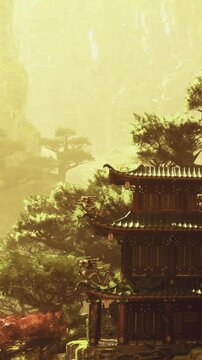 Amidst lush greenery, a majestic ancient temple stands, its elegant architecture bathed in warm golden light. Nature thrives around, creating a serene and peaceful atmosphere.