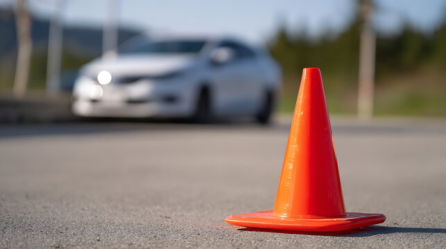 Bright orange traffic cone on asphalt road with blurred white car in background, clear sunny day, focus on safety and guidance