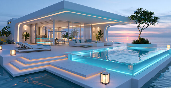 Luxury modern waterfront villa with infinity pool at sunset, panoramic wide banner of contemporary architecture with glass walls and elegant lighting, high-end real estate concept