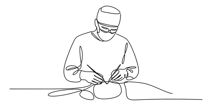 Continuous single line drawing of a surgeon performing a medical operation in a hospital Vector, illustration