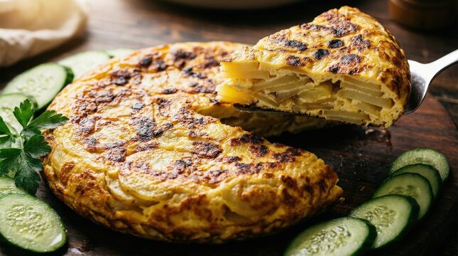 Delicious Spanish Tortilla Espa?ola with Sliced Cucumbers.