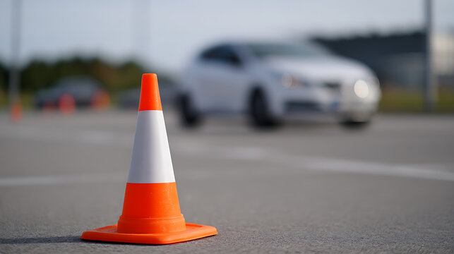 Orange and white traffic cone on asphalt during a car test drive or safety inspection, with a blurred vehicle in the background