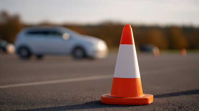 Road Safety Cone on Asphalt with Blurry Background Vehicle at Outdoor Driving Test or Training Course on a Sunny Day