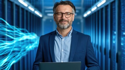 Fototapeta premium Professional Male in Blue Suit Standing with Laptop in Modern Data Center Surrounded by Technology and Connectivity Visuals