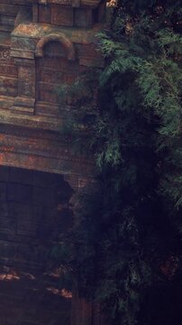 Sunlight filters through trees, illuminating the intricate carvings on an ancient temple wall. Vibrant greens blend with weathered stones, creating a serene atmosphere of history and nature.