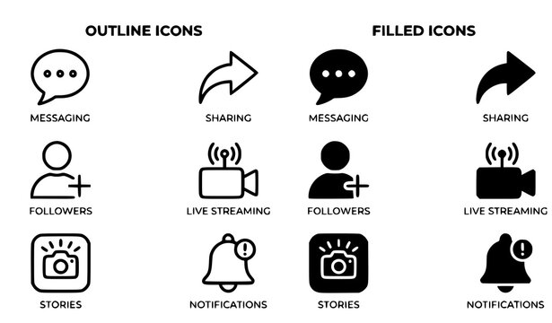 Social media icon set featuring messaging sharing followers live streaming stories and notifications in outline and filled styles