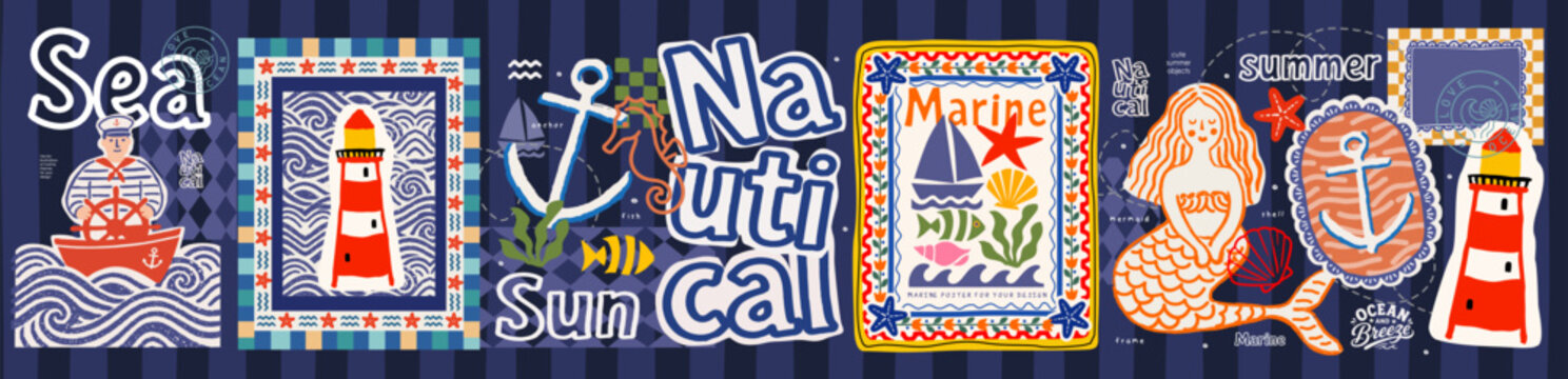 Sea and nautical summer. Vector naive folk illustrations of an anchor, little mermaid, sailor, lighthouse, waves, sea ​​horse, typography with font, coastal marine print, travel for poster, card, post