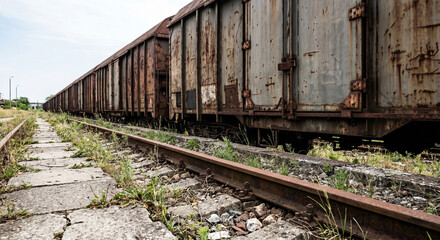 Fototapeta premium Abandoned rusty freight train track landscape