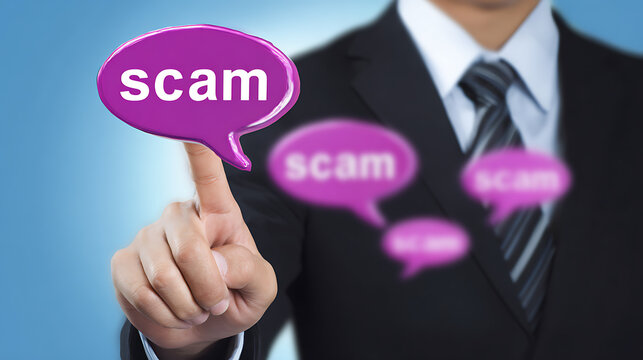 Professional points a finger with a purple speech bubble displaying text, symbolizing a warning about dishonest practices or fraudulent activity