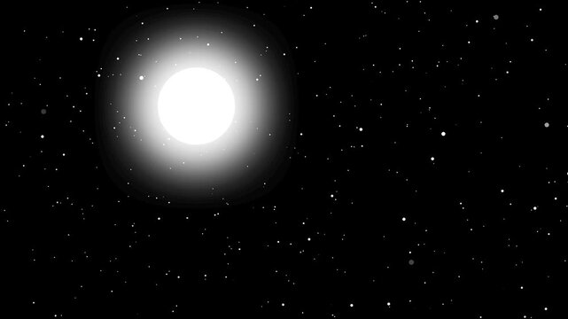 Starry night animation with bright celestial body. Starry night cosmic sky background. Starry night abstract universe motion graphic on black for space science and astronomy.