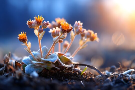 Rare Saussurea Blossoms Emerging from Frosted Alpine Ground with Gentle Light at Dawn
