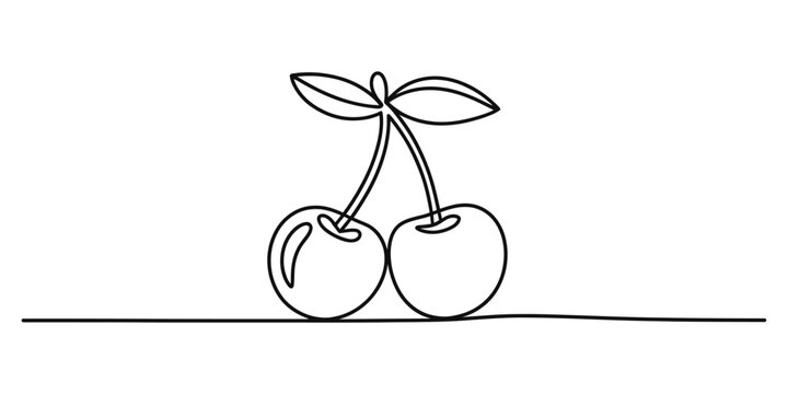 Continuous single line drawing of fresh cherries with leaves