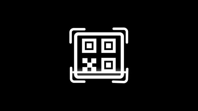 Qr code animation inside camera frame. Qr code modern minimalist design. Qr code digital technology scanning interface on black background for mobile app and web marketing.