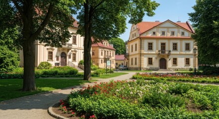 Fototapeta premium Sunny day view of historic European architecture and manicured gardens