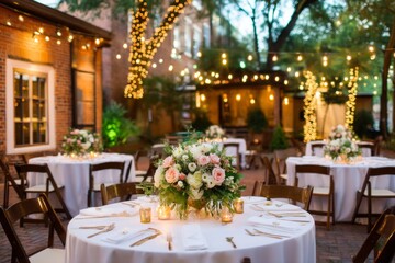 Obraz premium Romantic Courtyard Wedding Setup with Overhead String Lights and Elegant Floral Arrangements