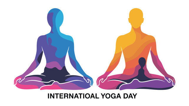 International Yoga Day illustration showing two colorful silhouettes in lotus pose with inner meditative figures symbolizing mindfulness, balance, harmony, and celebration of yoga practice