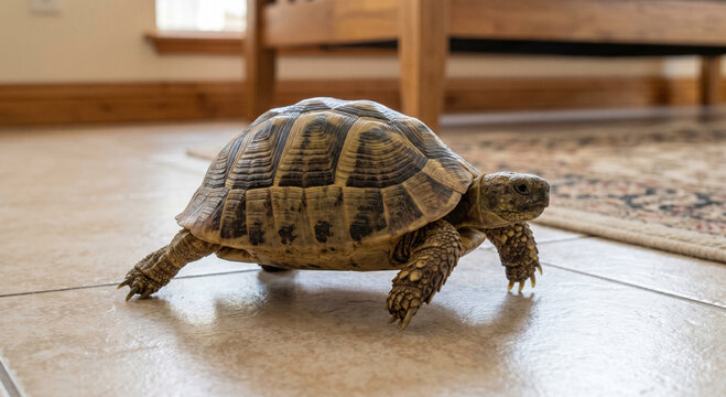 Domestic tortoise crawling on tiles macro