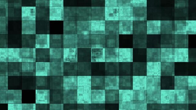Geometric pattern animation on digital grid. Geometric pattern abstract teal design. Geometric pattern technology background on black for cybersecurity and software visuals.