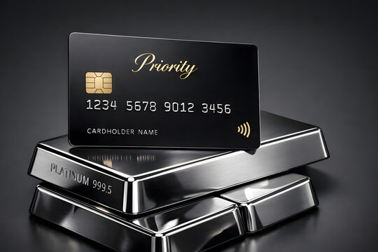 Black luxury priority credit card on stacked platinum precious metal bullion bars, concept of wealth, premium banking, and high net worth financial assets, 3d illustration.