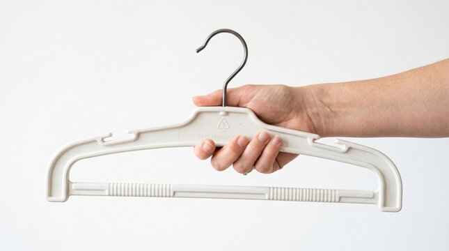 Hand holding a heavy-duty clothes hanger molded from recycled polypropylene plastic, plain white background.
