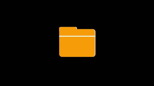 Folder icon animation with orange glow. Folder icon digital data storage symbol. Folder icon technology graphic on black background for document and file management systems.