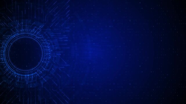 Blue futuristic circuit copy space background circular HUD element, glowing lines, code texture, tech layout. AI software promos, cyber security intros, data dashboards, digital presentation screens.