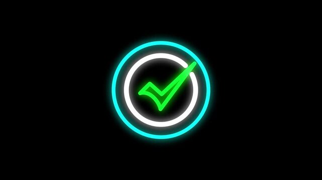 Check mark animation with neon green. Check mark success and approval symbol. Check mark digital interface graphic on black background for verification and task completion.