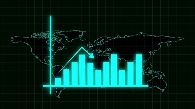 Bar chart animation over world map. Bar chart global data visualization. Bar chart business analytics graphic on black background for international trade and market reach.