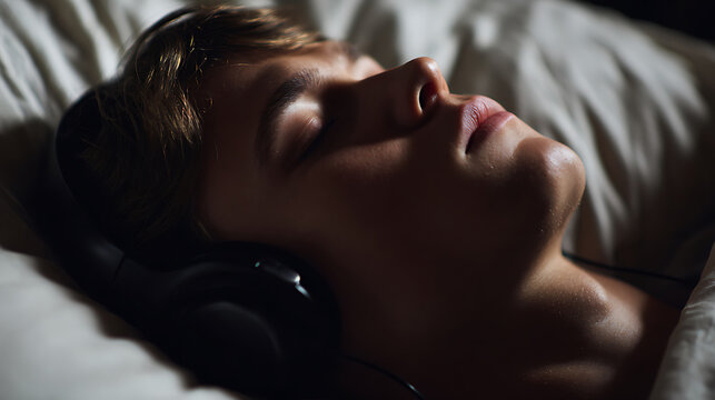 Tranquil youth finds comfort in music, asleep with headphones in a serene, dimly lit bedroom, promoting relaxation and peaceful moments