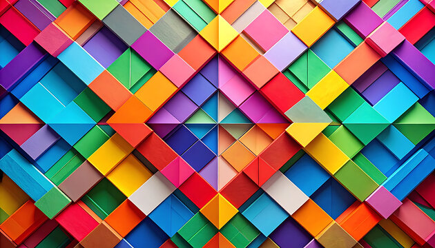 Colorful geometric pattern of interlocking squares and diamonds in a vibrant, abstract mosaic, high-resolution texture for digital design