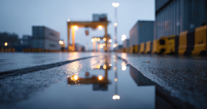 Industrial port crane reflected on wet ground