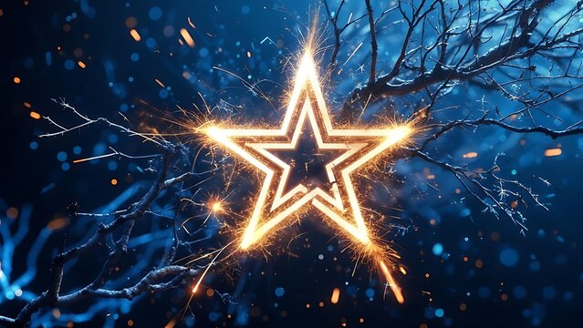 Glowing star bursts with fiery sparks, framed by abstract dark branches against a blue, textured background