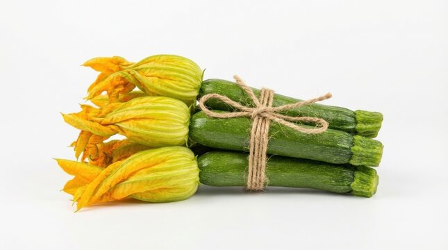 Freshly Harvested Zucchini Blossoms and Zucchinis Tied with Twine on White Background.