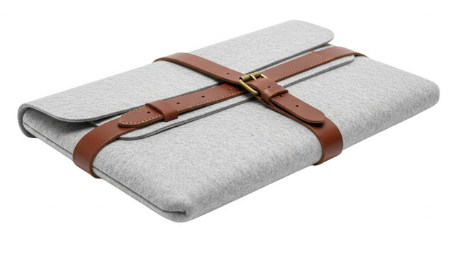 A light gray felt laptop sleeve with a brown leather strap and brass buckle closure, isolated against a solid black background