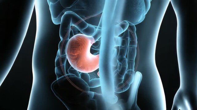 Human digestive system anatomy with glowing stomach, intestines, transparent torso and medical gastrointestinal health examination